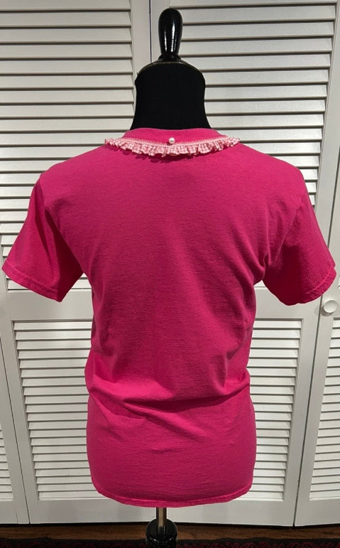 Hot Pink, Short Sleeve Tee with Ruffled Gingham Check Trim at Neck