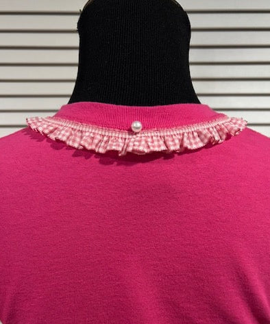 Hot Pink, Short Sleeve Tee with Ruffled Gingham Check Trim at Neck