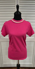 Hot Pink, Short Sleeve Tee with Ruffled Gingham Check Trim at Neck