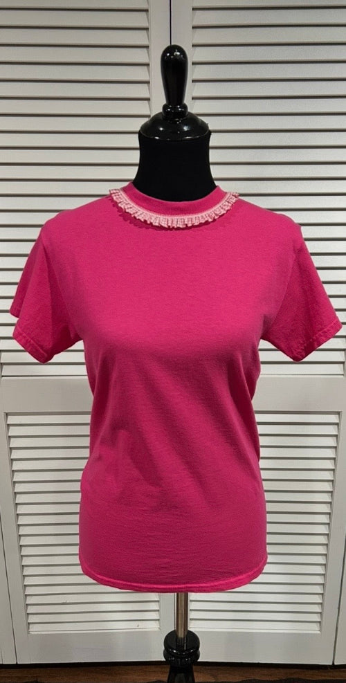 Hot Pink, Short Sleeve Tee with Ruffled Gingham Check Trim at Neck