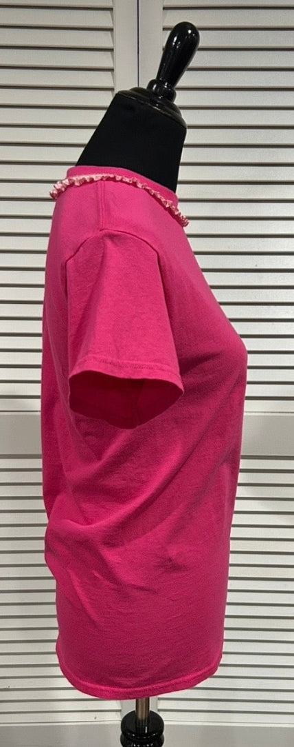 Hot Pink, Short Sleeve Tee with Ruffled Gingham Check Trim at Neck