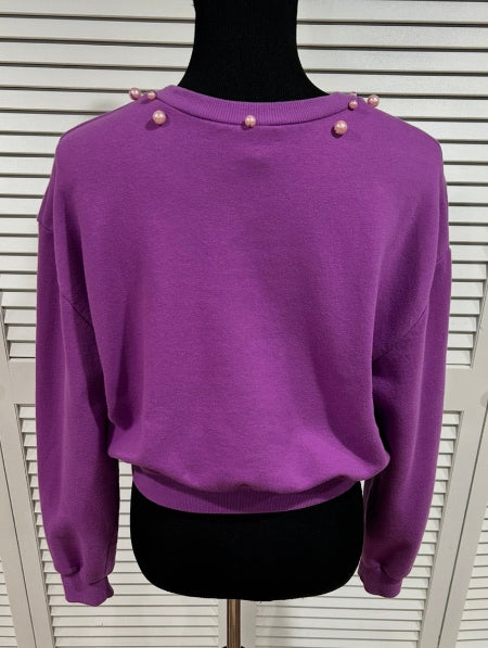 Purple, Cropped, Long Sleeved Sweatshirt with Pearls at Neckline
