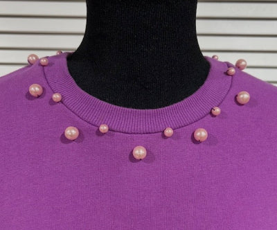 Purple, Cropped, Long Sleeved Sweatshirt with Pearls at Neckline