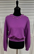 Purple, Cropped, Long Sleeved Sweatshirt with Pearls at Neckline
