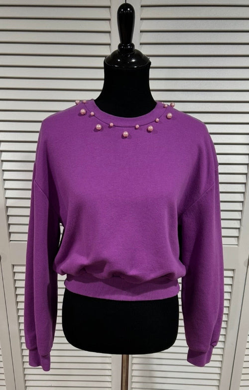 Purple, Cropped, Long Sleeved Sweatshirt with Pearls at Neckline