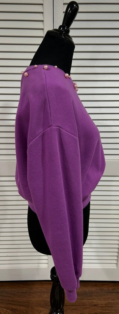 Purple, Cropped, Long Sleeved Sweatshirt with Pearls at Neckline