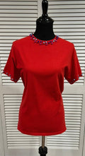 Red, Cotton Jersey, Short Sleeve Tee with Beads at Neck and Cuffs
