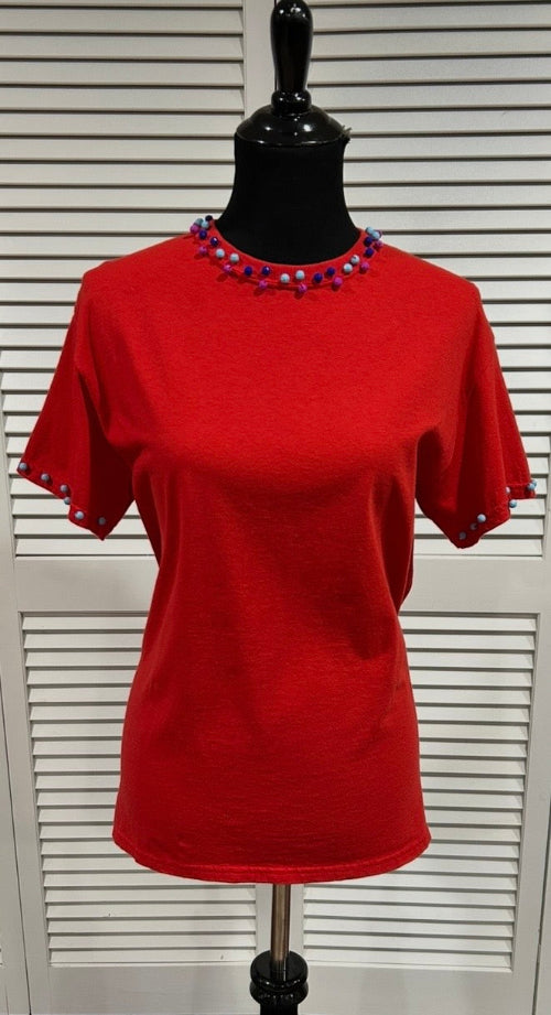 Red, Cotton Jersey, Short Sleeve Tee with Beads at Neck and Cuffs