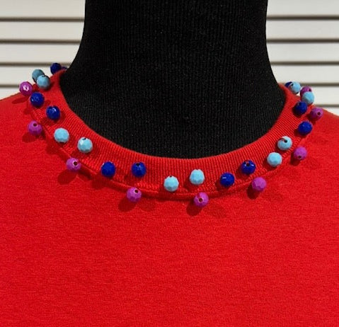 Red, Cotton Jersey, Short Sleeve Tee with Beads at Neck and Cuffs