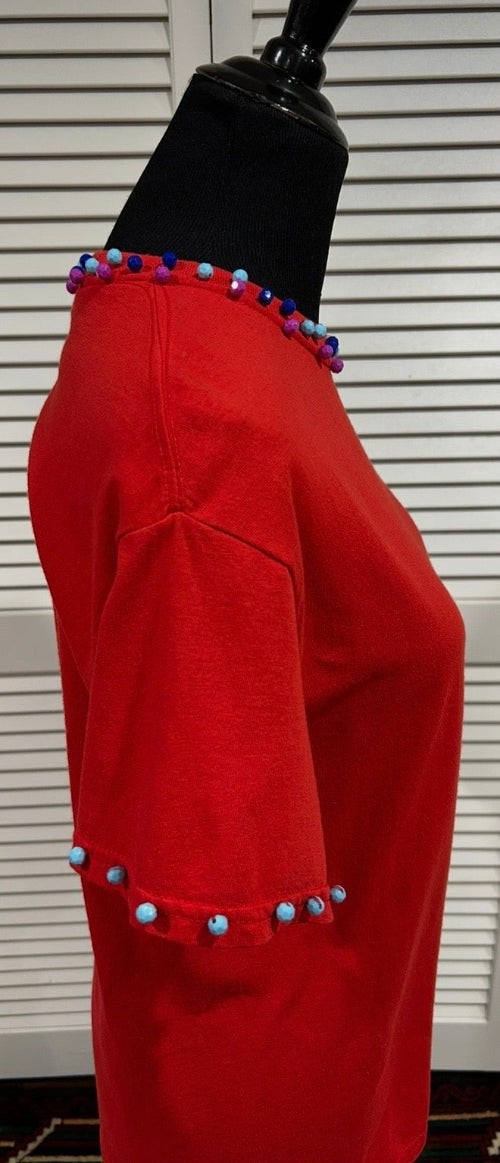Red, Cotton Jersey, Short Sleeve Tee with Beads at Neck and Cuffs