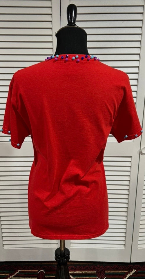 Red, Cotton Jersey, Short Sleeve Tee with Beads at Neck and Cuffs