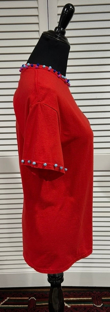 Red, Cotton Jersey, Short Sleeve Tee with Beads at Neck and Cuffs