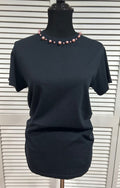 Black Short Sleeved T Shirt with Pink Pearls at Neck