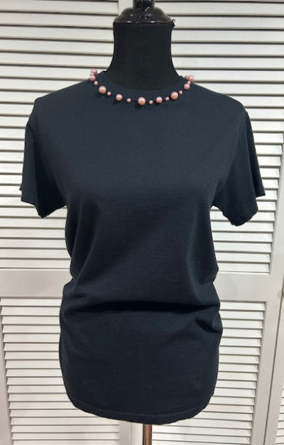 Black Short Sleeved T Shirt with Pink Pearls at Neck