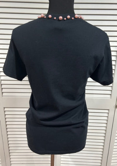 Black Short Sleeved T Shirt with Pink Pearls at Neck