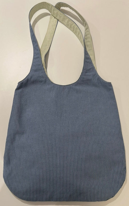 Reversible Shoulder Tote Bag in Dk Blue/Med Blue Stripe w/ Pale Green/White Stripe