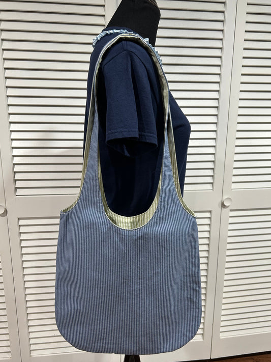 Reversible Shoulder Tote Bag in Dk Blue/Med Blue Stripe w/ Pale Green/White Stripe