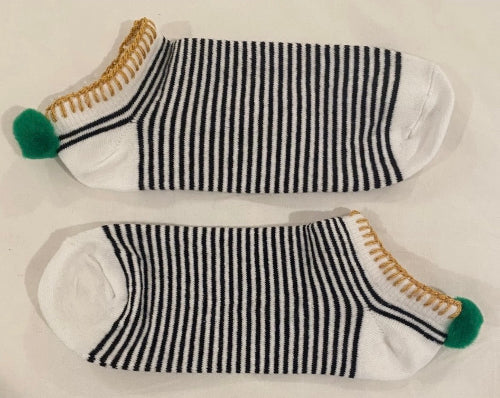 Striped Footie Socks with Gold Embroidery and Green Poms