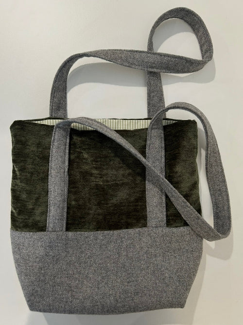 Small Tote with Green Velvet & Grey Flannel