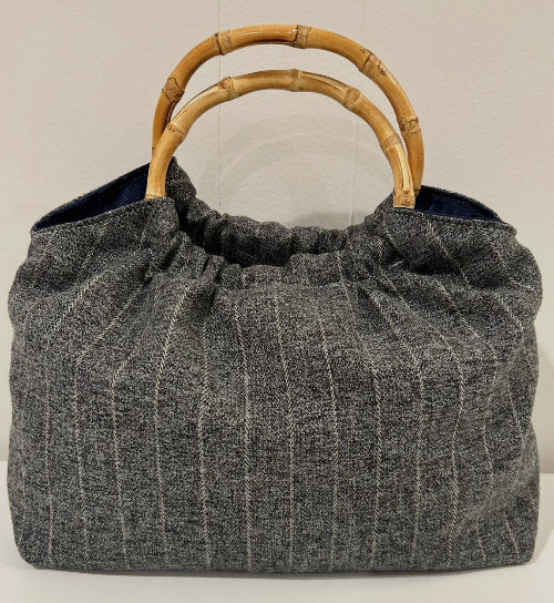 Charcoal Grey Pinstripe Bermuda Bag with Bamboo Handles