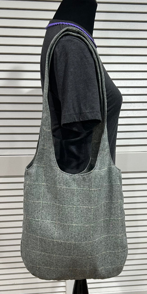 Grey Flannel & Cream Windowpain Plaid Shoulder Tote