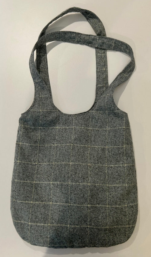 Grey Flannel & Cream Windowpain Plaid Shoulder Tote