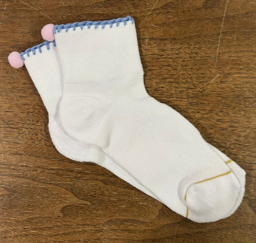 White Ankle Socks with Embroidery and Pompoms