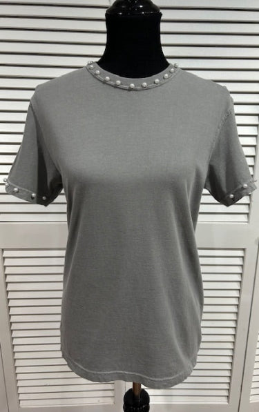 Med Grey Short Sleeved Tee with Pearl Trims