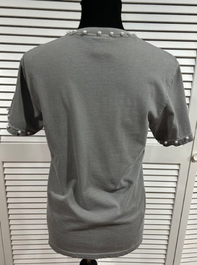 Med Grey Short Sleeved Tee with Pearl Trims