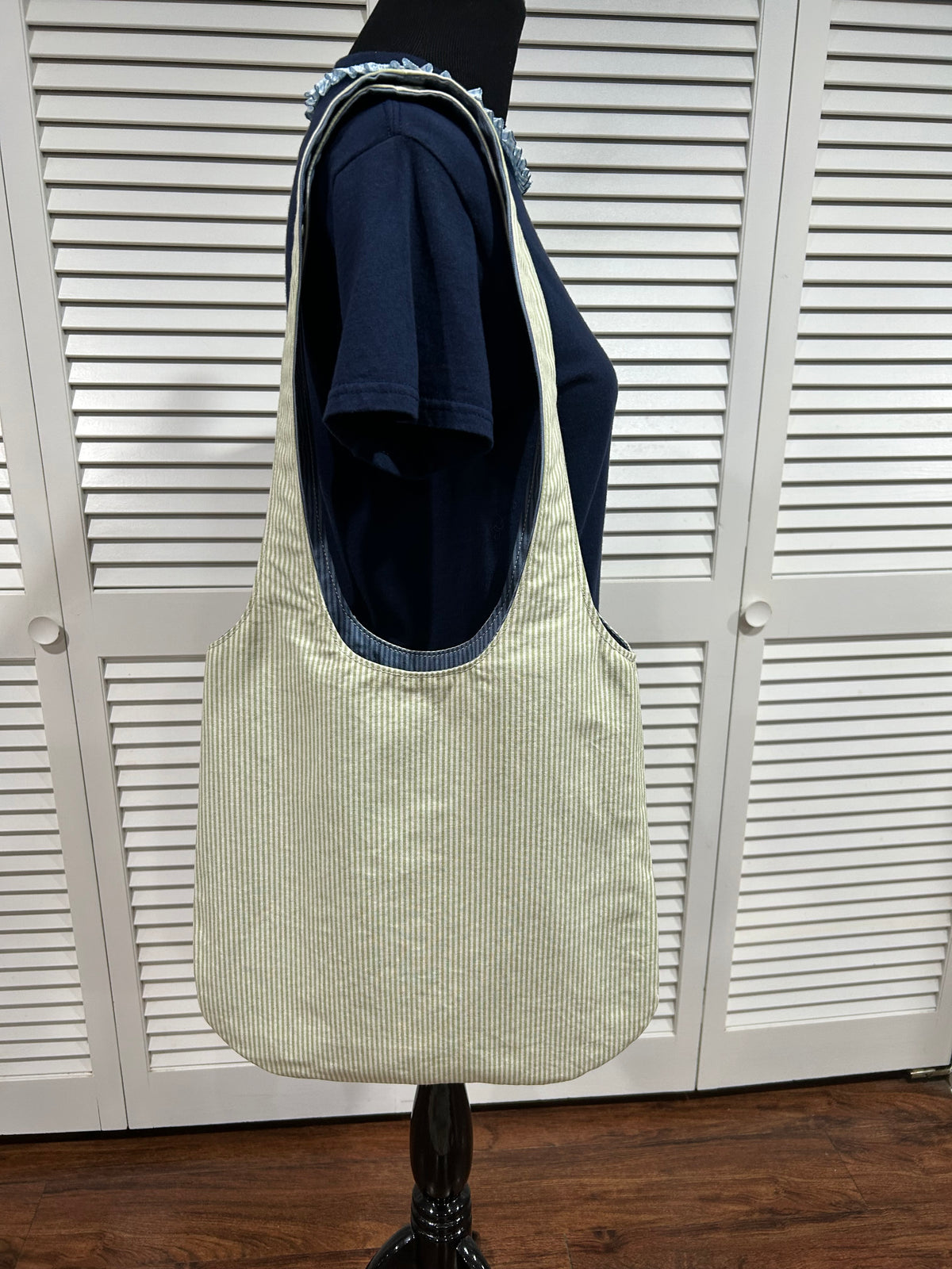 Reversible Shoulder Tote Bag in Dk Blue/Med Blue Stripe w/ Pale Green/White Stripe