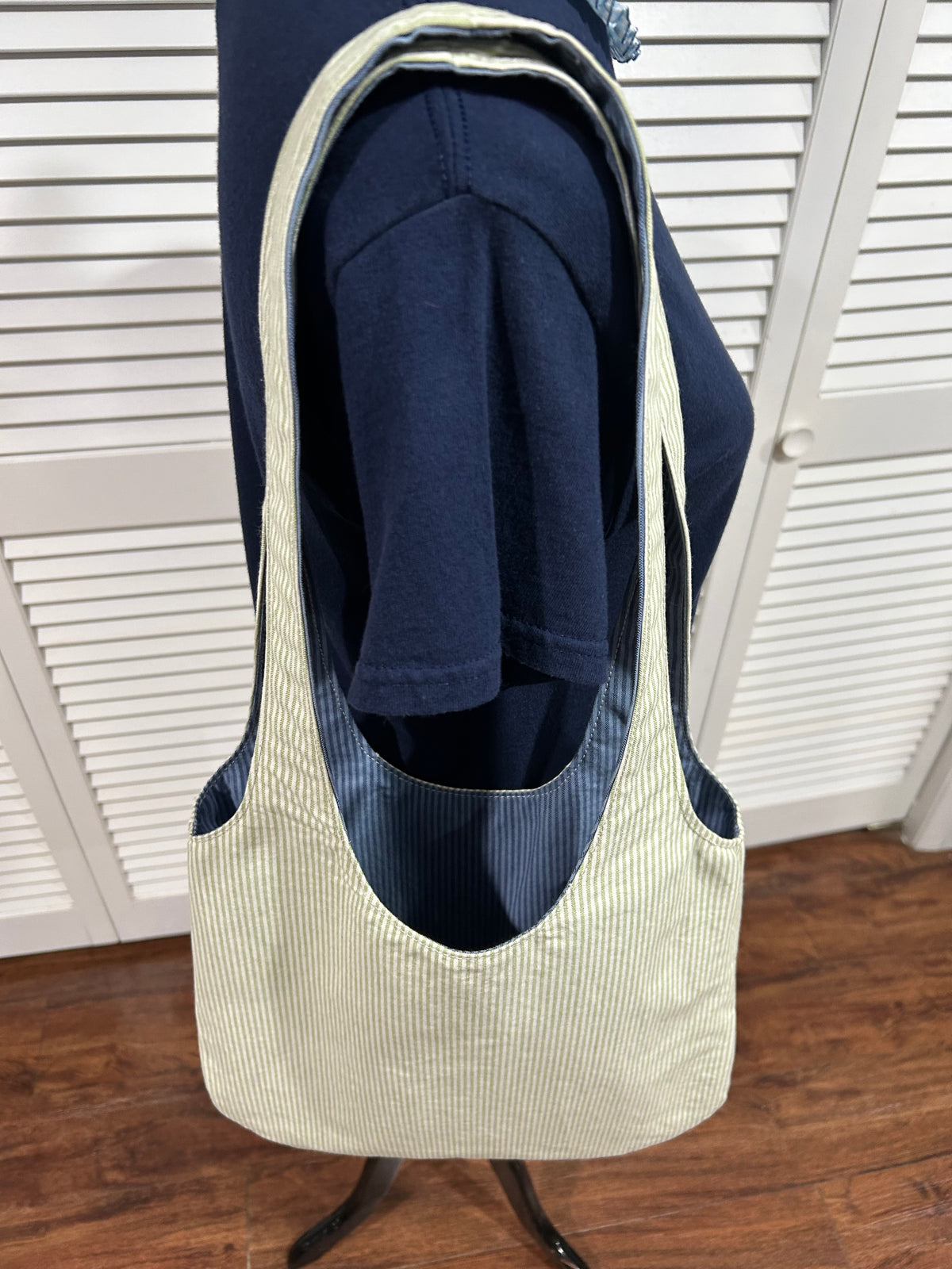 Reversible Shoulder Tote Bag in Dk Blue/Med Blue Stripe w/ Pale Green/White Stripe