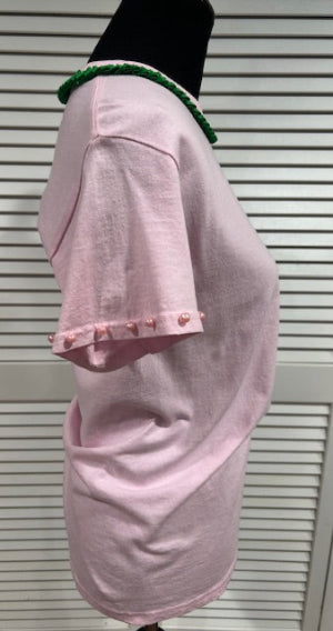 Pale Pink, Short Sleeved Tee w Ribbon and Pearl trims