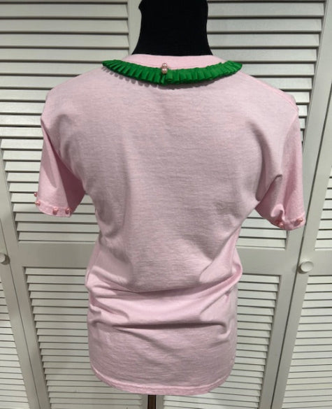 Pale Pink, Short Sleeved Tee w Ribbon and Pearl trims