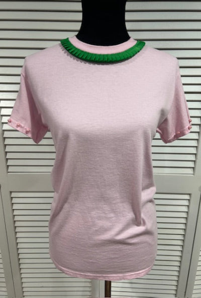 Pale Pink, Short Sleeved Tee w Ribbon and Pearl trims
