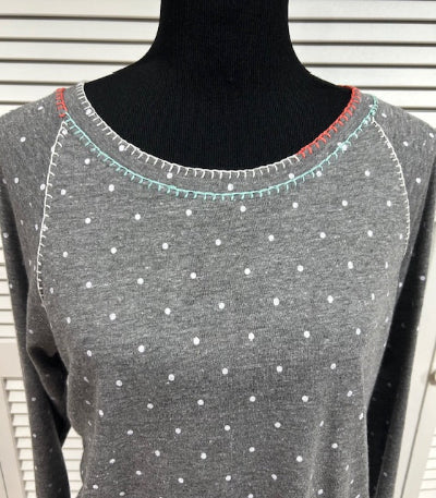 Polka Dot Print Boat Neck Top with Embroidery Details