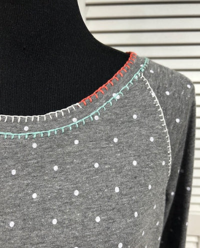 Polka Dot Print Boat Neck Top with Embroidery Details