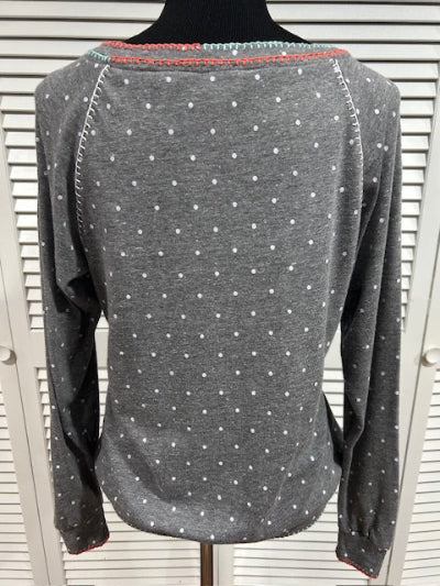 Polka Dot Print Boat Neck Top with Embroidery Details