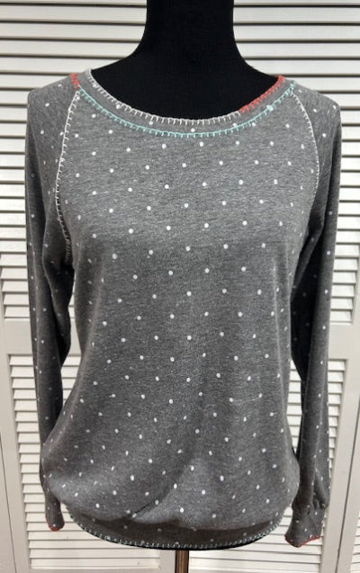 Polka Dot Print Boat Neck Top with Embroidery Details