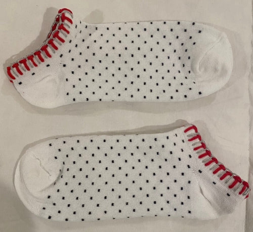 White Footie Socks with Black Polka Dots & Red/GreyEmbroidery