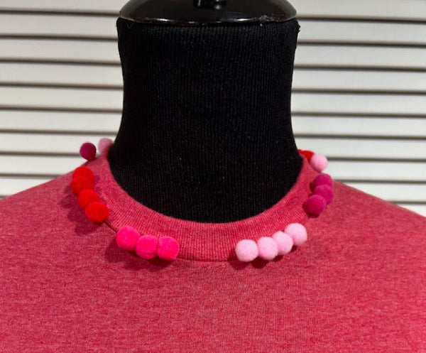 Red Heather Tee with Pom Poms at Neck