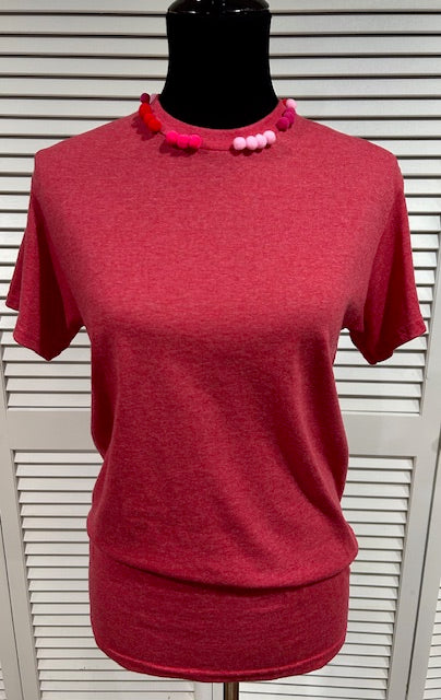 Red Heather Tee with Pom Poms at Neck