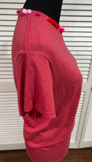 Red Heather Tee with Pom Poms at Neck
