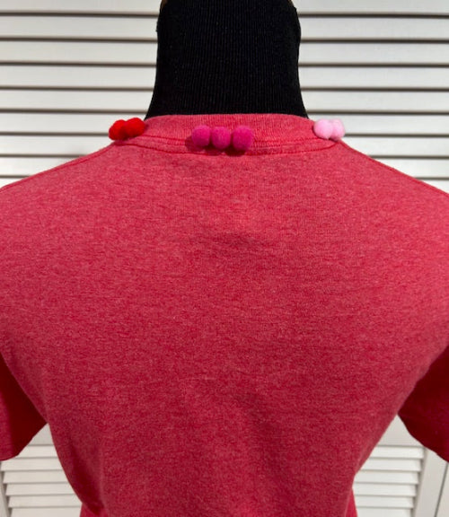 Red Heather Tee with Pom Poms at Neck