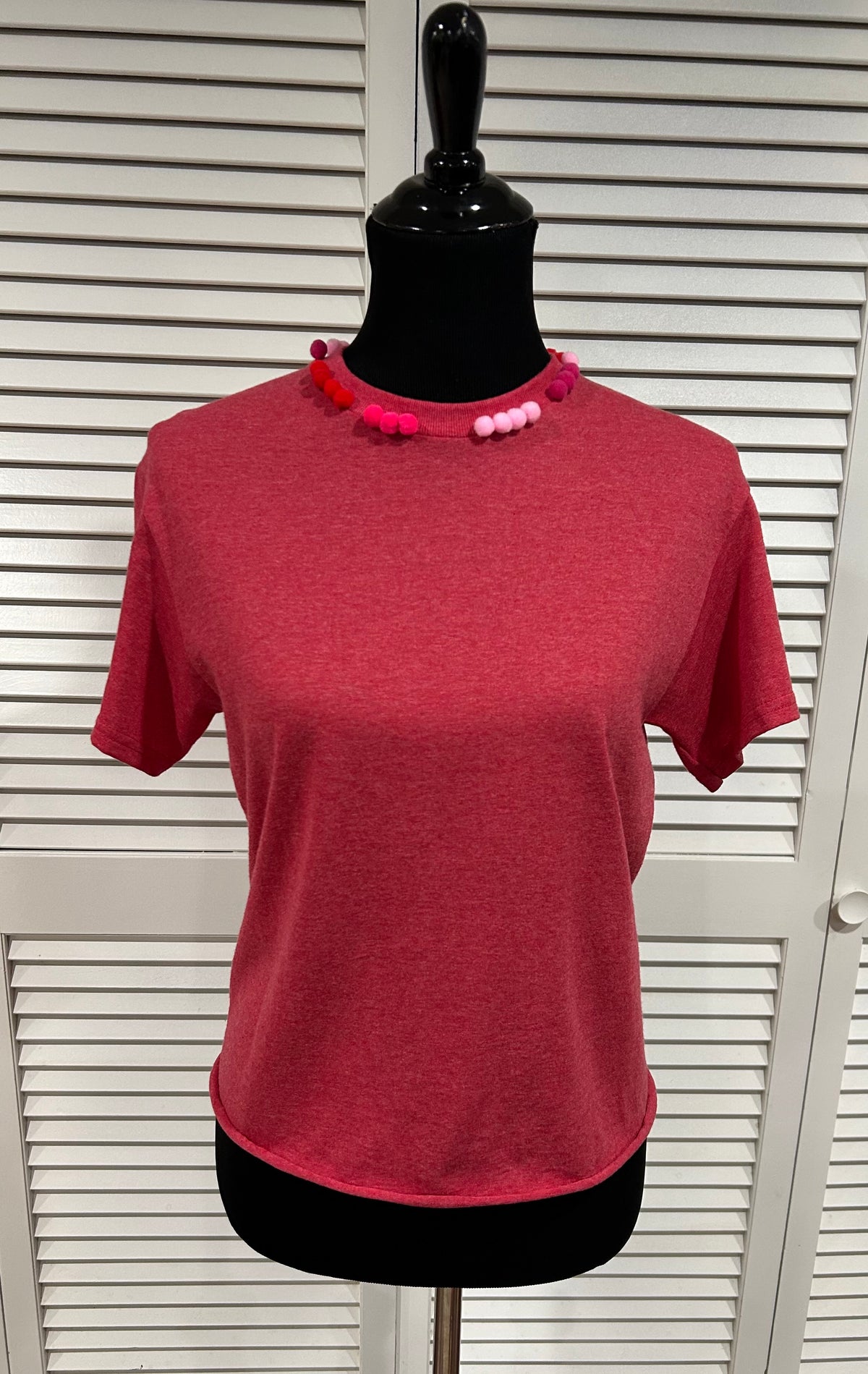 Red Heather Tee with Pompoms at Neck