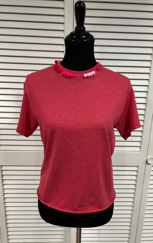 Red Heather Tee with Pompoms at Neck