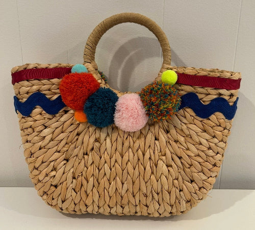 Natural Wicker Tote with Trims and Pompoms