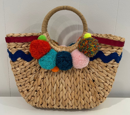 Natural Wicker Tote with Trims and Pompoms
