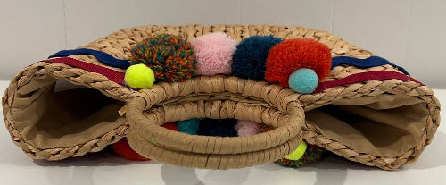 Natural Wicker Tote with Trims and Pompoms